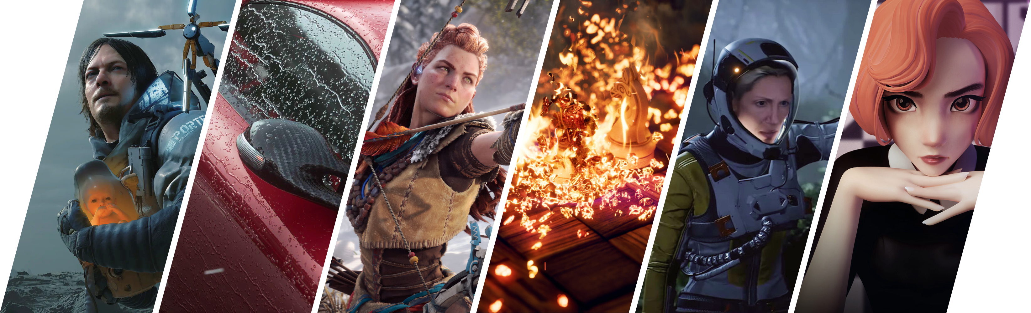 Stills from Chess Infinity, Queen's Gambit, Horizon Forbidden West, Returnal, Death Stranding, and Driveclub.